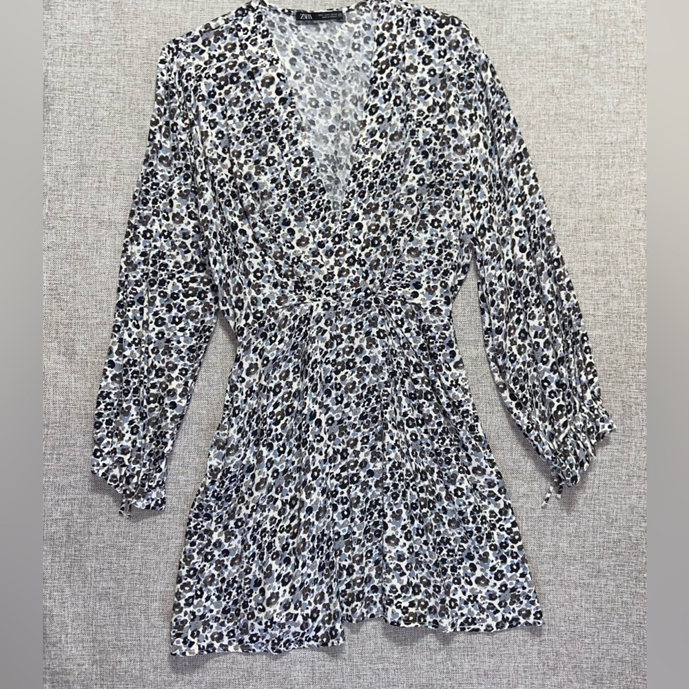Zara Ditsy Floral Faux Wrap Dress Long Poet Sleeve V-neck Short Sz Small Flowy